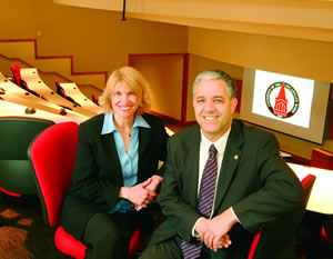 Left: Whittemore and James in the renovated and state-of-the-art lecture room in the Bonilla Science Hall.